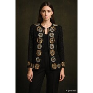 VTG Sweelo Womens Silk Jacket Black L Sequin Glam